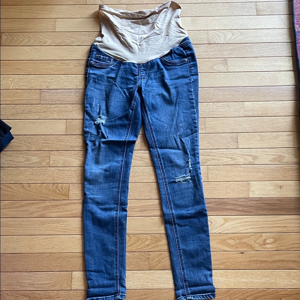 Indigo Blue Distressed Maternity Skinny Jeans